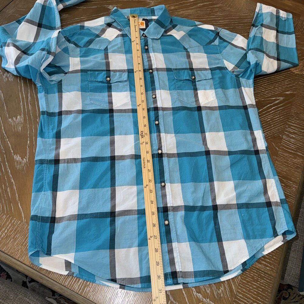 HUGO BOSS Orange TEAL/GRAY PLAID Shirt Mens XL Slim Fit Pearl Snap Western NICE! - Picture 6 of 10